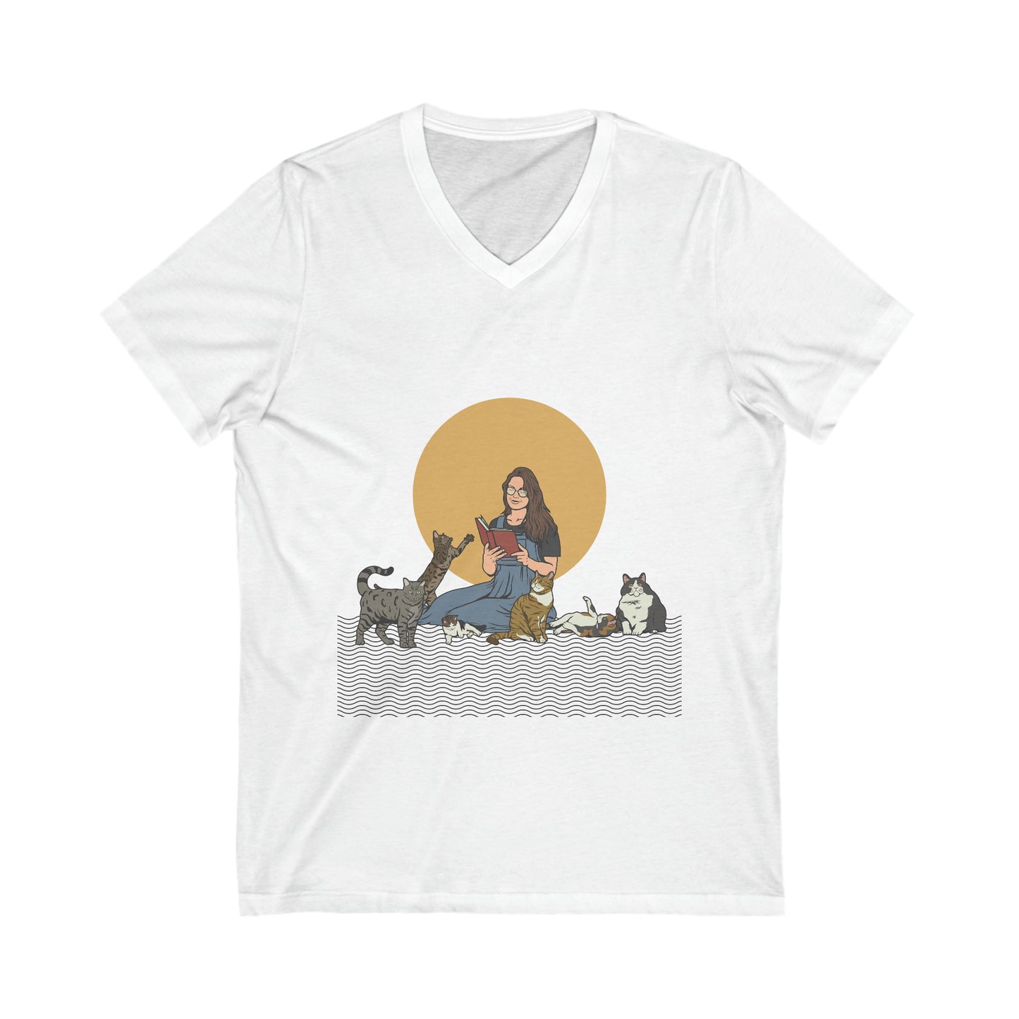 Cat Lady - Brunette - Unisex Jersey Short Sleeve V-Neck Tee