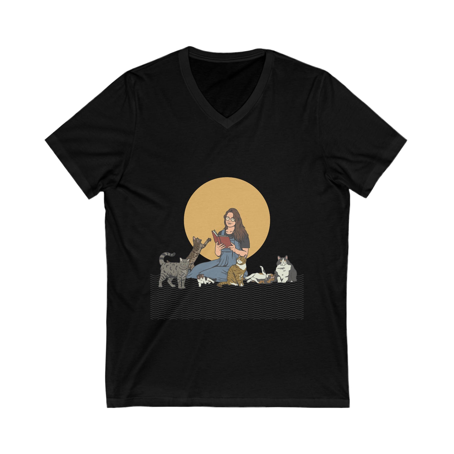 Cat Lady - Brunette - Unisex Jersey Short Sleeve V-Neck Tee