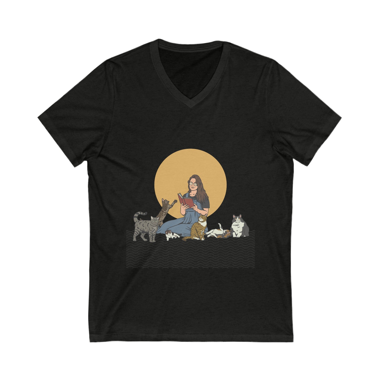 Cat Lady - Brunette - Unisex Jersey Short Sleeve V-Neck Tee