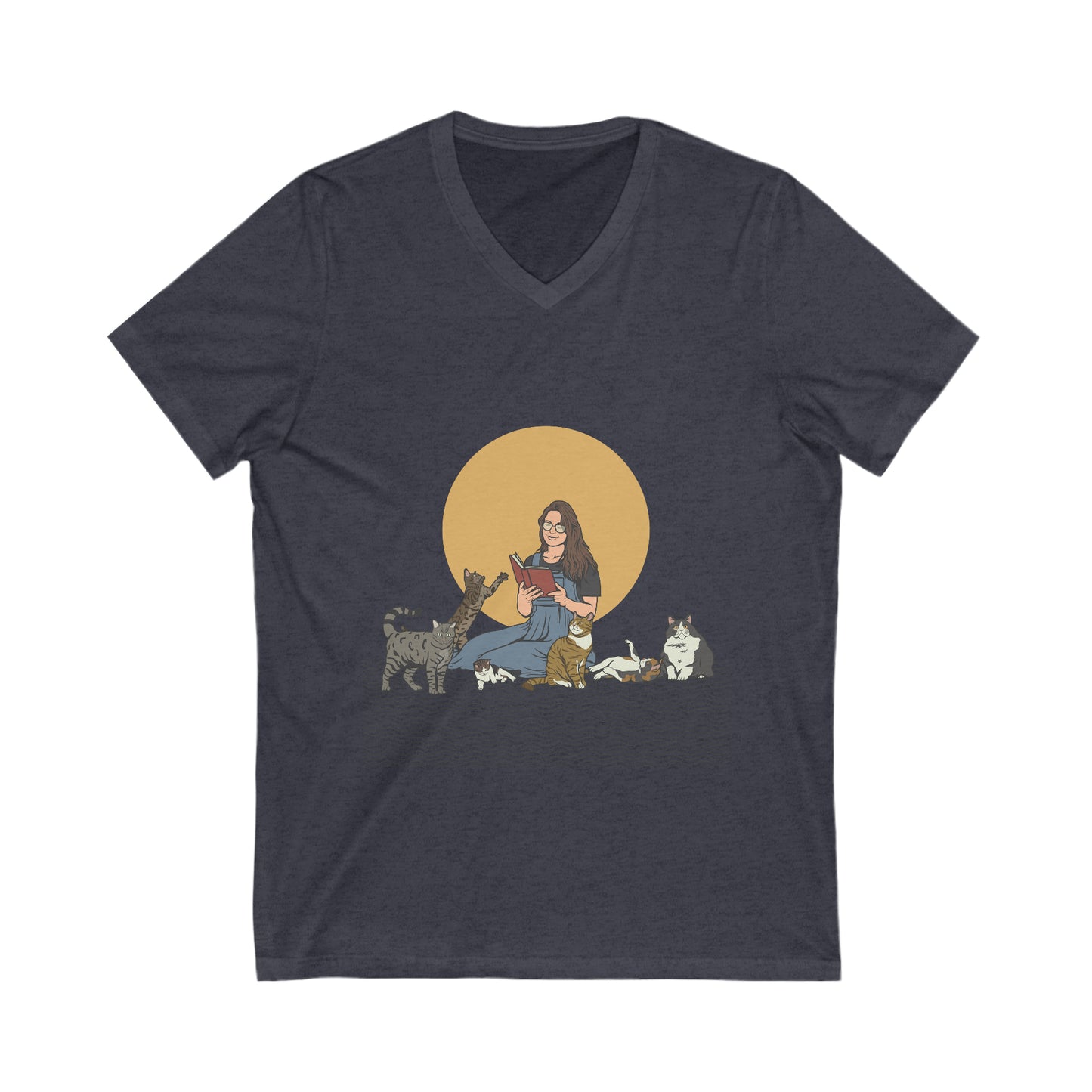 Cat Lady - Brunette - Unisex Jersey Short Sleeve V-Neck Tee