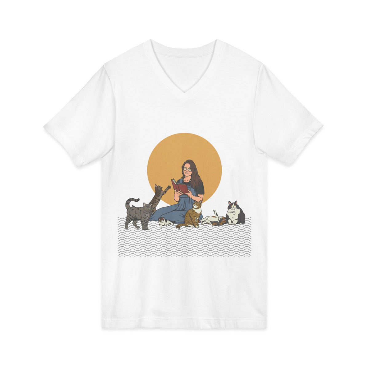 Cat Lady - Brunette - Unisex Jersey Short Sleeve V-Neck Tee