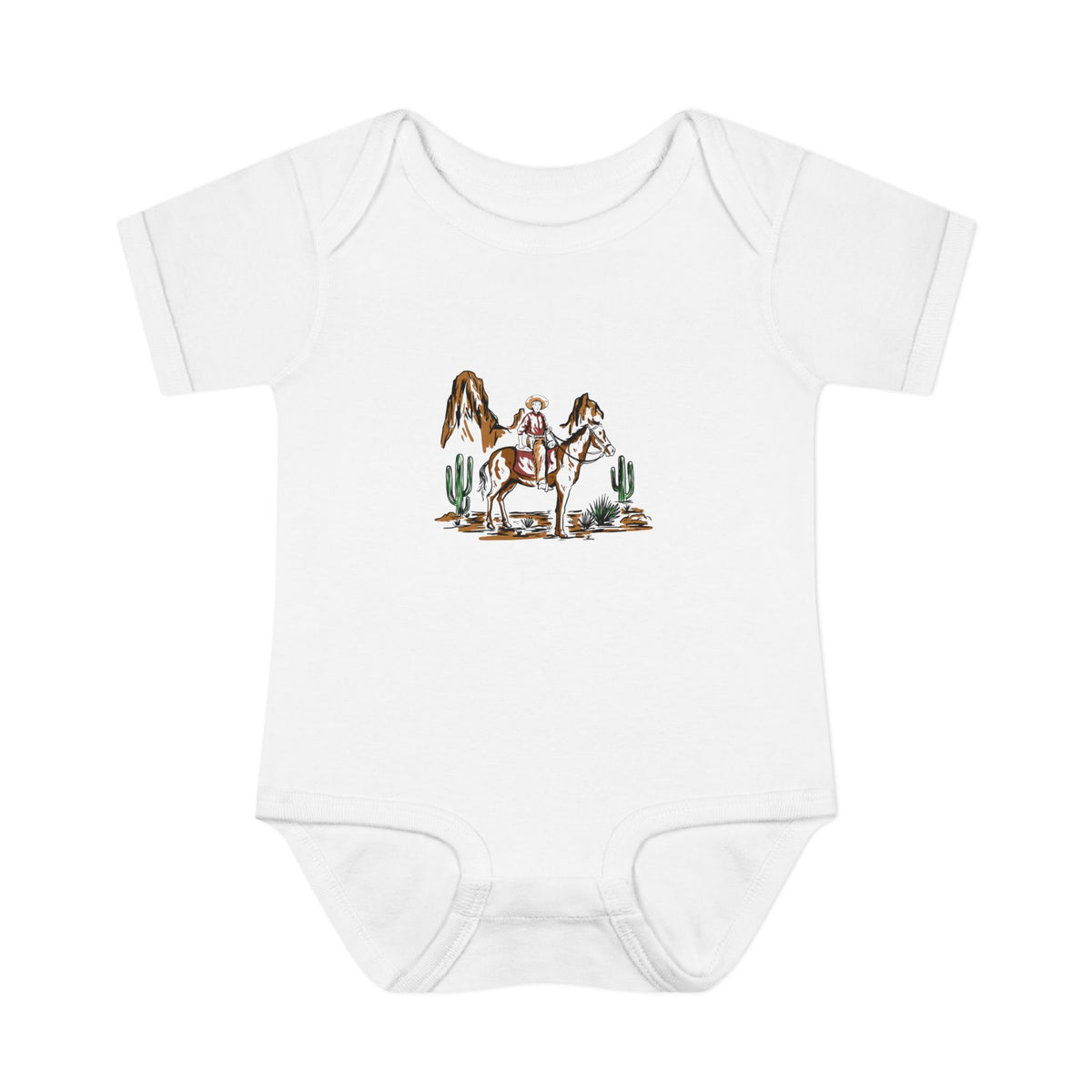 White baby bodysuit with an illustrated cowboy riding a horse among desert cacti