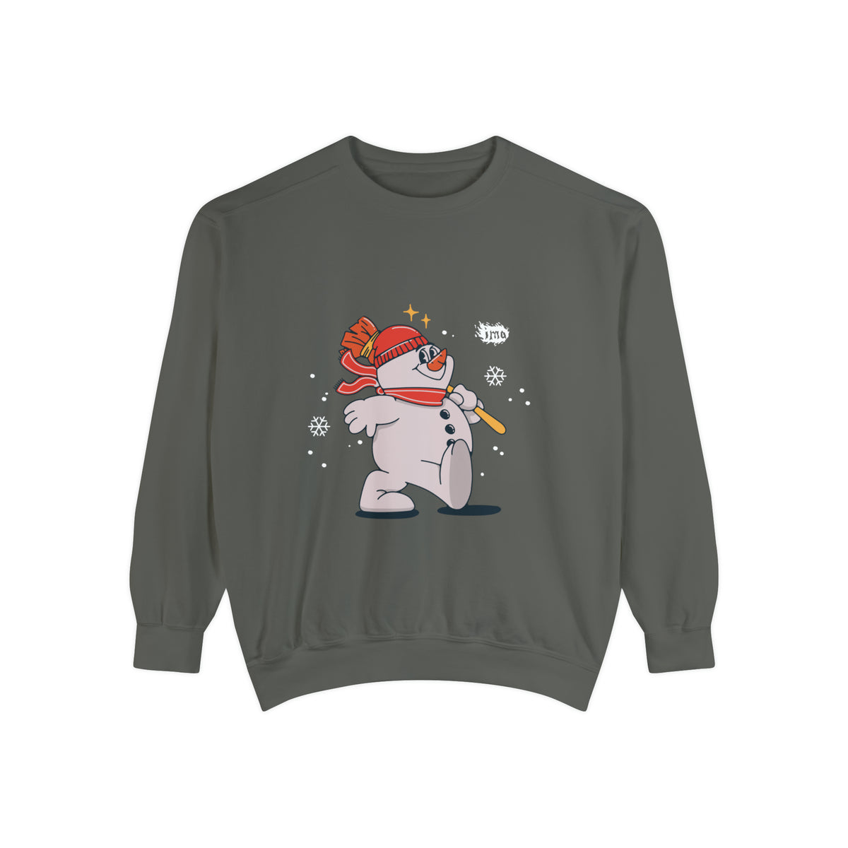 Grey garment-dyed crewneck with a cartoon snowman in a red hat and snowflakes
