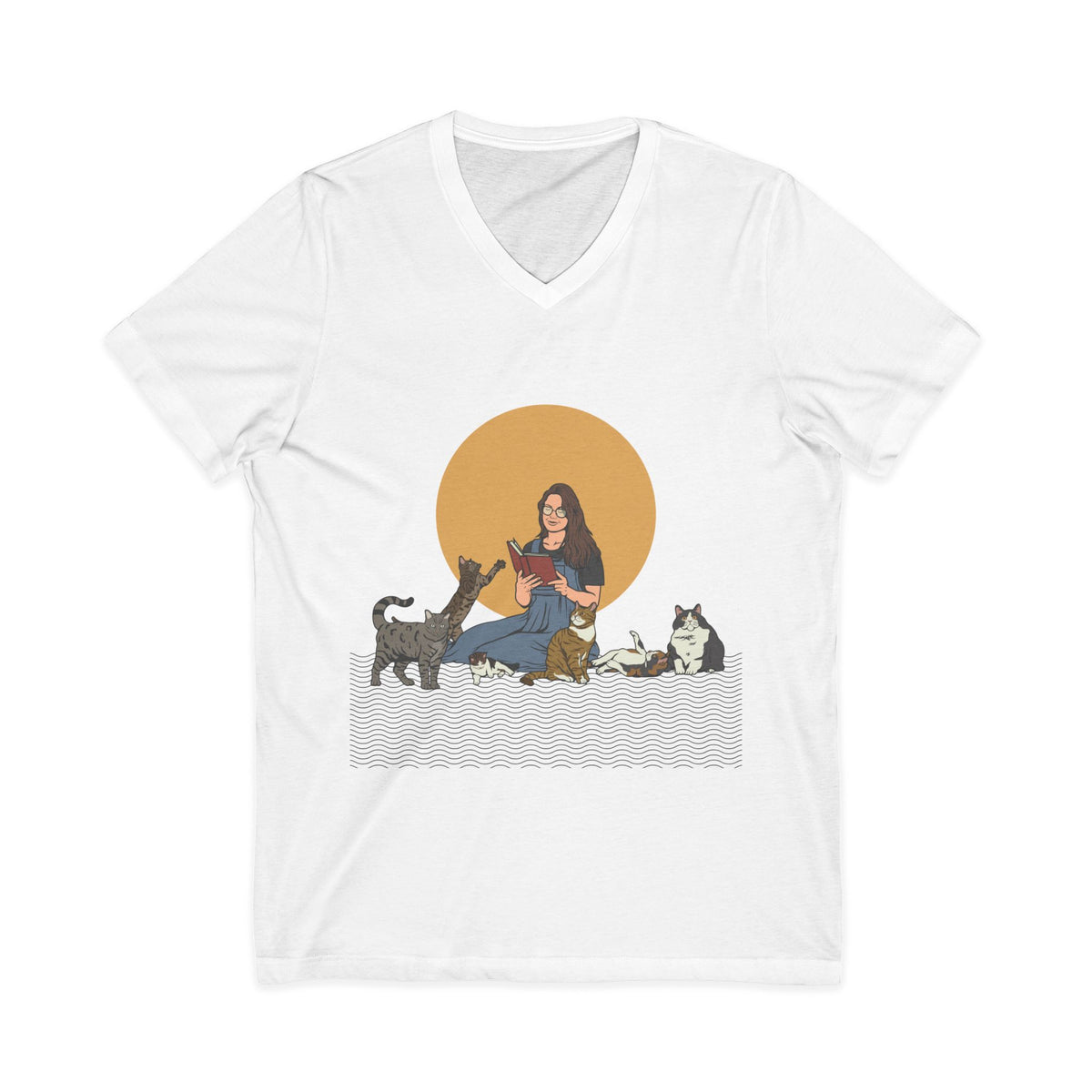 Cat Lady - Brunette - Unisex Jersey Short Sleeve V-Neck Tee