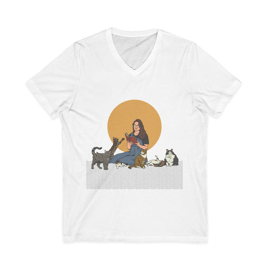 Cat Lady - Brunette - Unisex Jersey Short Sleeve V-Neck Tee
