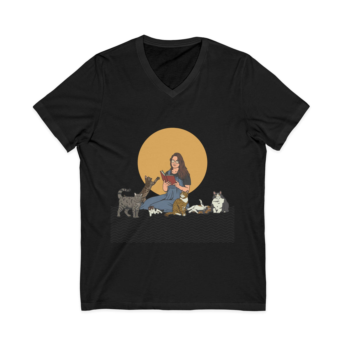 Cat Lady - Brunette - Unisex Jersey Short Sleeve V-Neck Tee