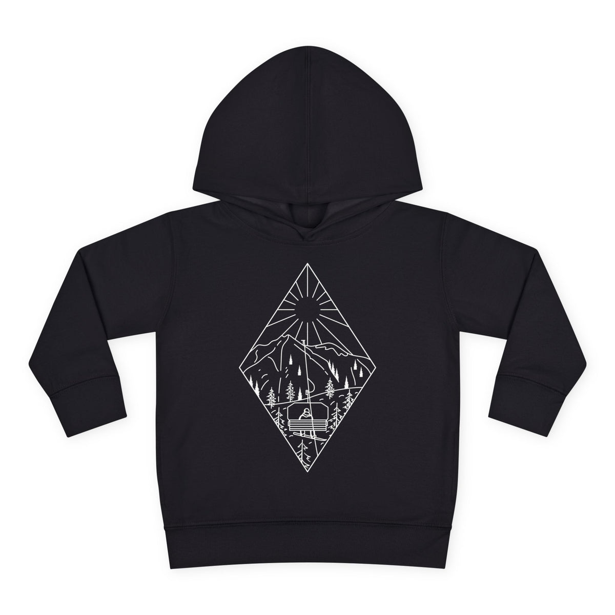 Black toddler fleece hoodie with white line-art mountain chairlift scene in a diamond