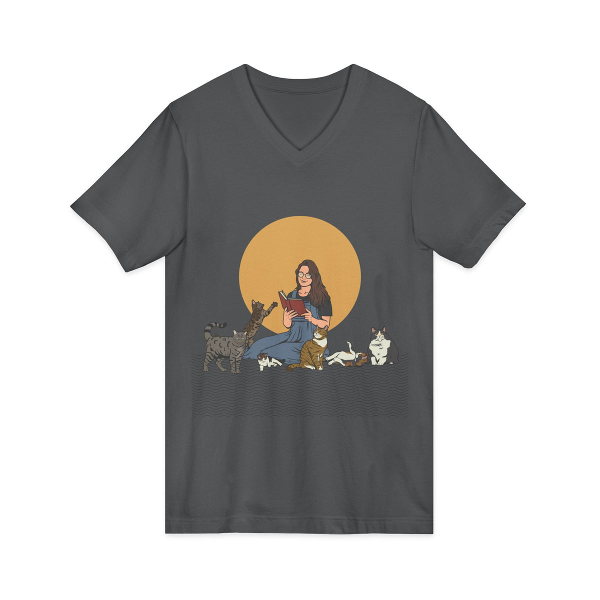 Cat Lady - Brunette - Unisex Jersey Short Sleeve V-Neck Tee